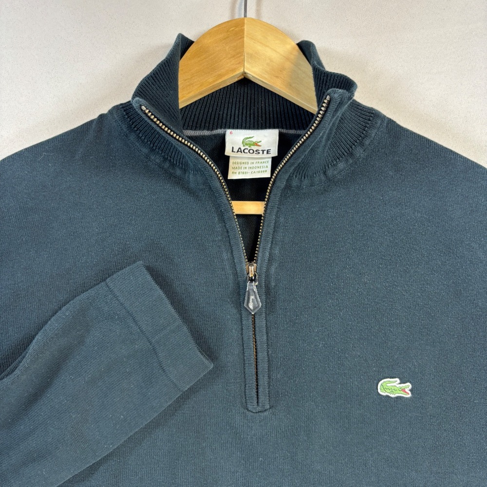 Lacoste Quarter Zip Pullover Men 6 Black XL Cotton Knit Sweater Classic Vintage